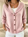 Chic pink knit cardigan with lapel collar, button front closure, and elegant design. - Light Green