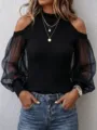 Haut chic épaules dénudées en mesh, pull élégant manches longues coupe slim unie. - M / Noir