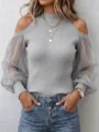 Pull tricoté côtelé épaules dénudées pour femme avec manches longues en tulle transparent. - S / Gris