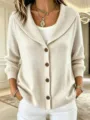 Women solid color knit cardigan lapel three quarter sleeve button down casual sweater - Ivory