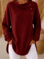 Damen Waffelstrick Langarmshirt mit Knöpfen am Ausschnitt, lässiger und bequemer Pullover. - Rot