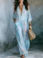 Hellblaues digitales Blumenprint Boho Maxikleid mit V-Ausschnitt und fließender Silhouette. - S / Blau