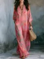 Boho Blumenmuster Maxikleid für Damen, elegantes V-Ausschnitt langarm Urlaubsstrand Kleid. - S / Fuchsia