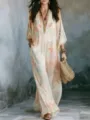 Detailed view of bohemian printed kaftan dress with accessories and woven bag in scenic background. - Off White