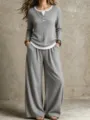 Cozy grey ribbed long sleeve top and wide leg lounge pants set detail presentation. - S / Top And Bottom / Gray