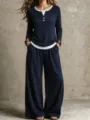 Cozy ribbed long-sleeve top and wide-leg pants lounge set, ideal for autumn wear. - S / Top And Bottom / Navy Blue