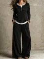 Comfortable women's long sleeve top and wide leg pants knit lounge clothing set for autumn. - S / Top And Bottom / Black