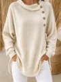 Damen einfarbig Waffelstrick Langarm Oberteil lässig lose Knöpfe Pullover Shirt Variante - S / Aprikose