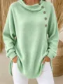 Damen einfarbige Waffelstrick Langarm Oberteil lose Knopf Stehkragen Freizeitshirt grün - S / Mintgrün