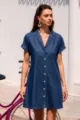 Detail view of a stylish lapel short-sleeve denim shirt dress, featuring button-front styling. - S / Dark Blue