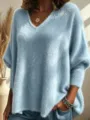 Light blue V-neck fuzzy knit long sleeve top, casual oversized pullover sweater for women. - Light Blue
