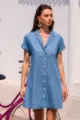 Women blue lapel short sleeve denim look shirt dress with front buttons, casual summer wear. - S / Blue