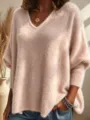 Women v-neck solid color knit long sleeve sweater casual loose pullover top for daily wear - S / Pink