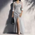 Women denim mesh patchwork maxi dress long sleeve button up casual elegant sexy stylish - S / Gray