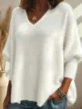 Women's Casual V-Neck Shaggy Knit Sweater Long Sleeve Pullover in White Variant - S / White