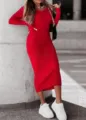Red ribbed long sleeve detail of sexy bodycon dress showing soft knit texture and slim fit. - S / Red