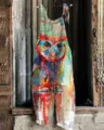 Close-up detail of the vibrant watercolor owl print on the artistic linen cotton jumpsuit. - S / Dresses / Color 024