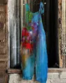 Women cotton linen floral printed jumpsuit casual sleeveless bohemian summer beach dungarees. - S / Dresses / 027