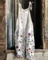 Damen Sommer Baumwoll Leinen Blumen bedruckt Träger Jumpsuit lässig Strand Overall weiß - S / Kleider / Farbe 002