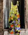 Damen Sommer Baumwolle Leinen Blumenmuster Latzhose lässig ärmellos Träger langer Jumpsuit - S / Kleider / Farbe 003