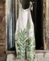 Women cotton linen casual jumpsuit green leaf print sleeveless overall summer beach romper - S / Dresses / Color 006