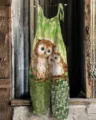 Casual women's green linen cotton overall jumpsuit featuring cute owl print for summer beach wear. - S / Dresses / Color 009