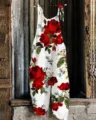 Women Cotton Linen Red Floral Print Jumpsuit Casual Summer Beach Romper Variant Style - S / Dresses / Color 010