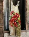 Women vintage floral print linen blend jumpsuit casual sleeveless romper summer beach wear - S / Dresses / Color 013