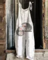 Women white linen casual overalls jumpsuit with cute hedgehog print summer beach wear. - S / Dresses / Color 014