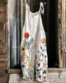 Women casual floral print cotton linen jumpsuit summer sleeveless strap long pants. - S / Dresses / Color 016