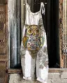 Women cotton linen strap jumpsuit vintage owl print casual sleeveless beachwear summer - S / Dresses / Color 020