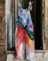 Women's cotton linen printed overall jumpsuit, casual strap beach pants for summer wear. - S / Dresses / Color 025