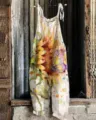 Women cotton linen floral print jumpsuit casual loose sleeveless overall strap rompers. - S / Top And Bottom / 028