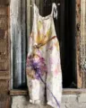 Women casual linen jumpsuit with watercolor floral dragonfly print summer sleeveless strap pants. - S / Top And Bottom / Style 029