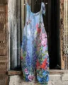 Cotton linen floral print jumpsuit, blue casual sleeveless overall, summer beach outfit. - S / Color 018