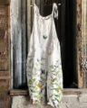 Women Cotton Linen Jumpsuit Butterfly Botanical Print Casual Beach Overalls Summer White - S / 034