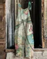 Women cotton linen vintage printed overall jumpsuit casual beach summer clothing item - S / Color 035