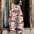 Women summer casual cotton linen overalls with cute mushroom hedgehog print loose jumpsuit - 3XL / 037