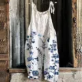 Women summer floral print linen blend cami jumpsuit casual sleeveless strap overalls. - 3XL / 043