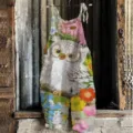 Women summer casual linen cotton owl floral print overall jumpsuit beach long pants - 3XL / 042