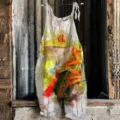 Women casual cotton linen frog print overall jumpsuit summer sleeveless beach pants fashion - 3XL / Color 055