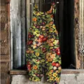 Floral print cotton linen casual jumpsuit for women, comfortable summer beach overall. - 3XL / 066