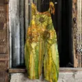 Women linen casual sunflower print jumpsuit sleeveless baggy overall summer beach streetwear - 3XL / Top And Bottom / Color 052