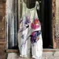 Women linen cotton casual jumpsuit vintage watercolor floral print sleeveless overalls. - 3XL / Top And Bottom / Color 056