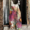 Women cotton linen floral print overall jumpsuit casual sleeveless summer beach pants - 3XL / Top And Bottom / Color 054