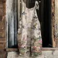 Women cotton linen bib pants vintage butterfly floral print casual strap jumpsuit summer - 3XL / Top And Bottom / Color 058
