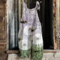 Women linen dandelion bee print casual strap jumpsuit summer beach overall pants variant - 3XL / Top And Bottom / 057