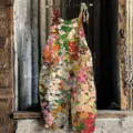 Cotton linen floral print casual overalls summer women sleeveless strap jumpsuit. - 3XL / Top And Bottom / Color 061