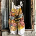 Summer women cotton linen overalls bee floral print casual sleeveless beach jumpsuit - 3XL / Top And Bottom / Color 059
