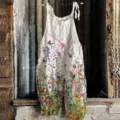 Summer casual cotton linen floral overall jumpsuit, women vintage sleeveless beach romper. - 3XL / Dresses / Color 036